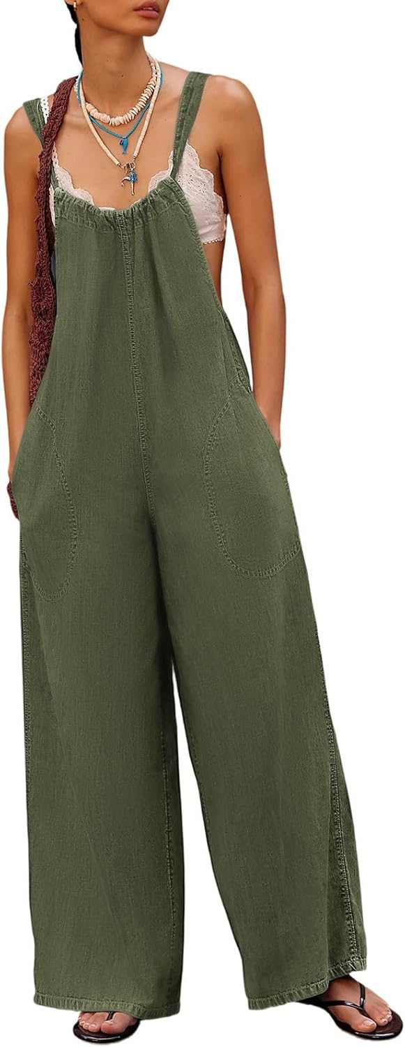 Women's Cotton Loose Overalls Summer Back Tie Wide Leg Jumpsuits Backless Sexy Rompers with Pockets