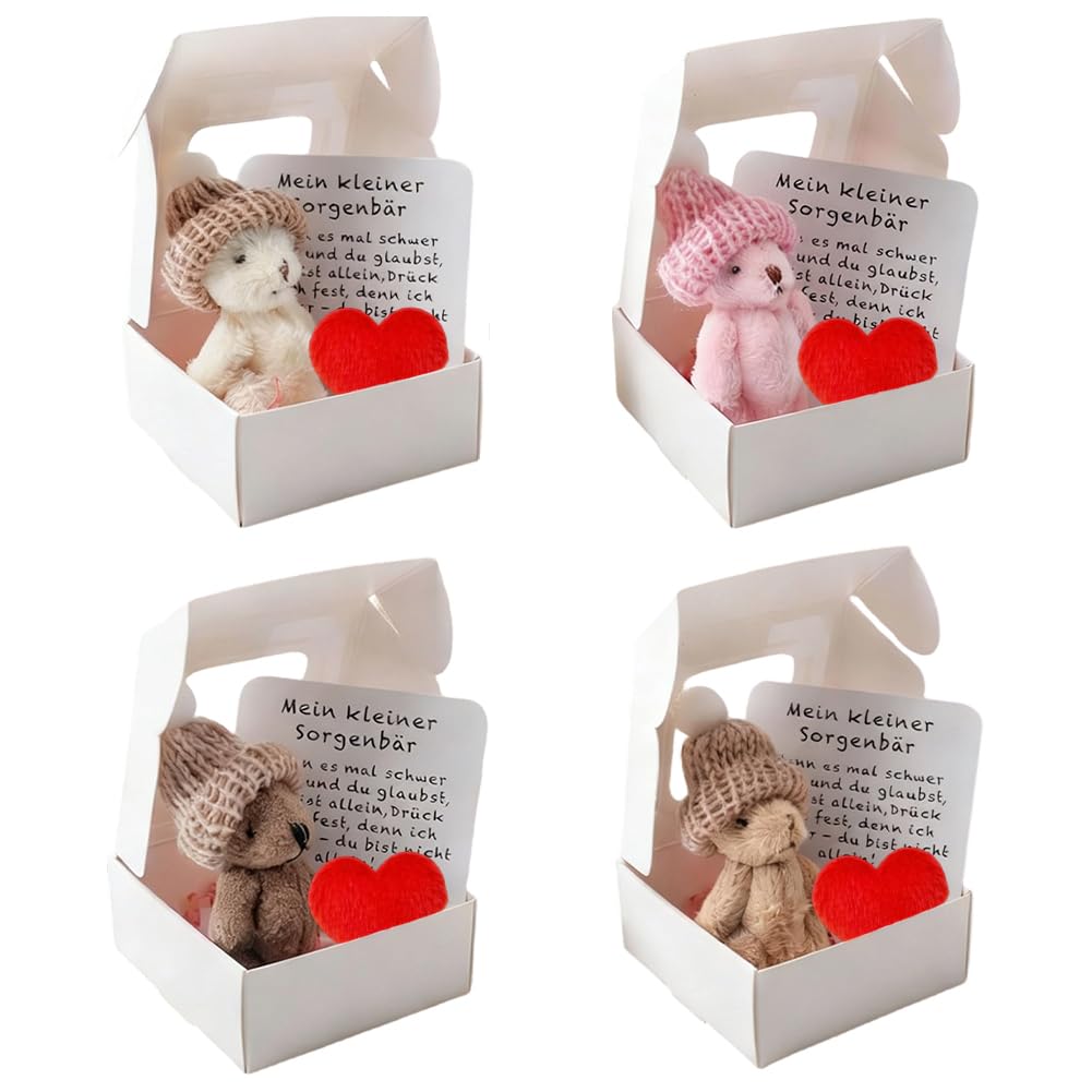 Worry Bear Hug in a Box With Red Heart 4pcs,My Little Worry Bear in a Box,Pocket Bears with Inspirational Card,Birthday,Good Luck,Valentine's Day Thinking of You Gifts For Girlfriend Boyfriend