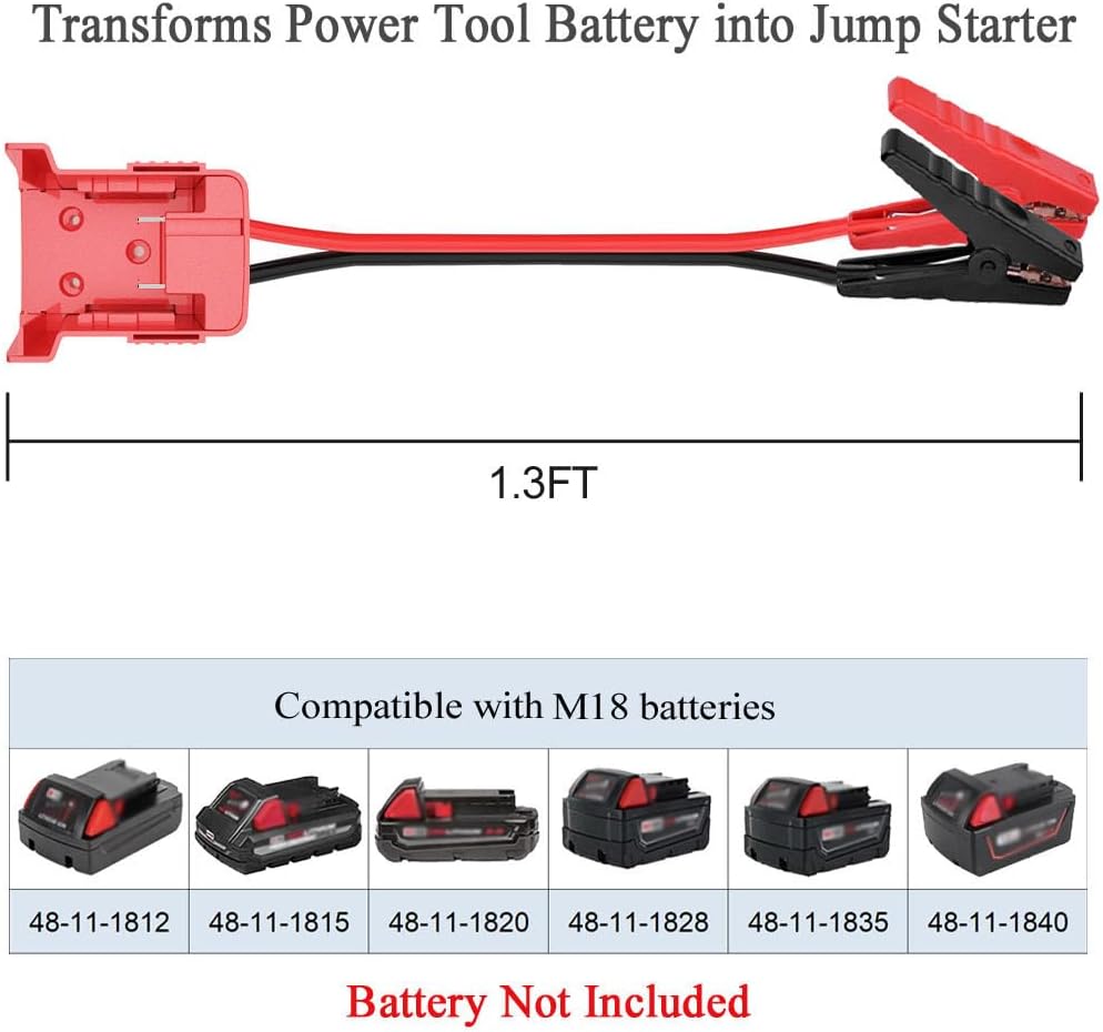 Jumper Cables alligator clips Compatible with Mil.waukee M18 18V Batteries, Silicone wire 8AWG 1.3FT Automotive Booster Cables for Jump Starting Tool Battery, Temperature resistance 392℉ 200℃ - Image 2