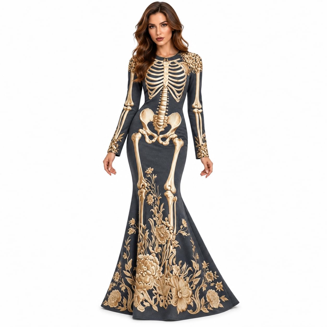 Women's Skeleton Print Mermaid Maxi Dress Long Sleeve Halloween Dresses for Women 3D Digital Print Floral Gothic Fancy Dress Costume — image 1