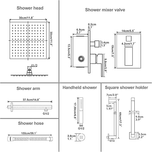 Miniatura 9 de Hoimpro Sistema de ducha negro mate de 12 pulgadas con barra deslizante ajustable, cabezal de ducha de lluvia cuadrado y varita montado en la pared,