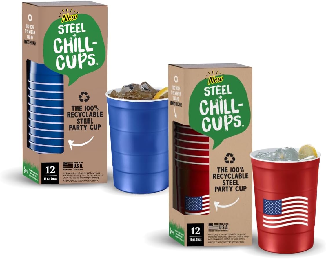 16 oz. Party Cups Flag Design for Cold Drinks, Sturdy and Durable, Disposable, Recyclable, Made in USA, Patriotic Red, with Solid Blue Cups (12 Each, 24 Total)