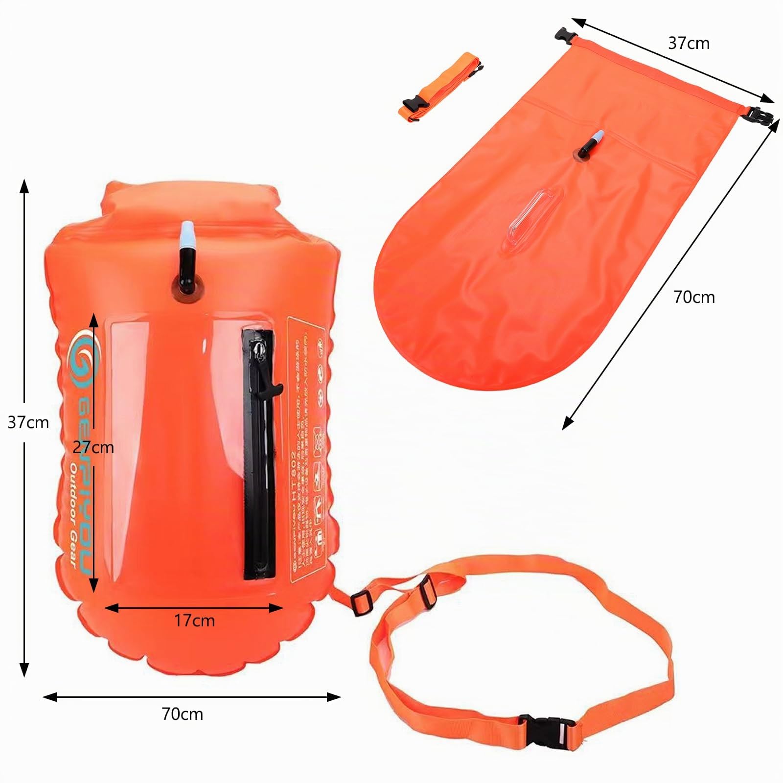 PORFOYO Bouée de natation en eau libre - Sac étanche - Pour adultes - Avec ceinture réglable - Pour triathlons, kayak, haute visibilité