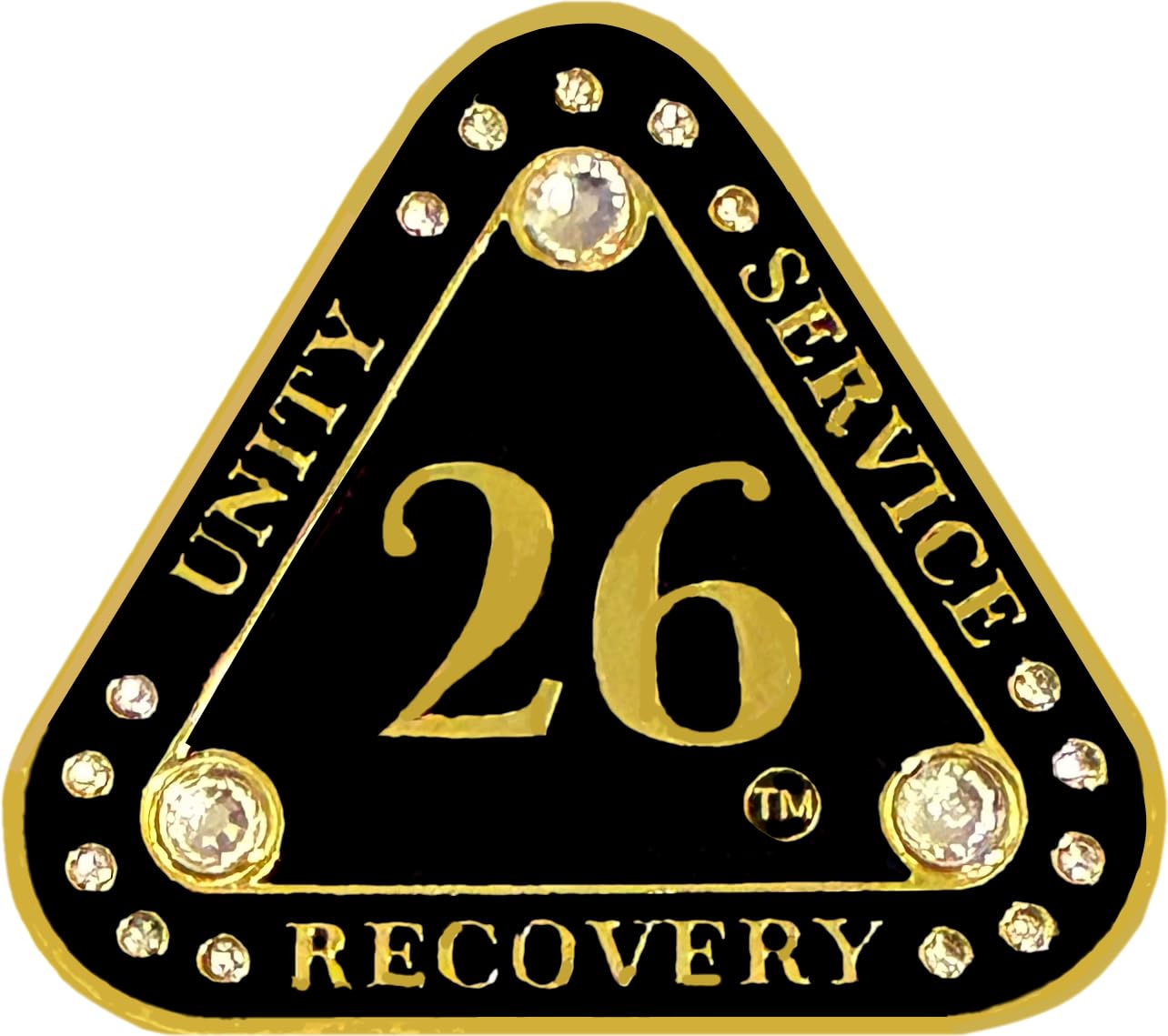 (1-55 Years) AA 26-Year "Midnight Crystals" Triangle Coin - Alcoholics Anonymous Medallion, AA Sobriety Medallion, Triangular Sobriety Chip, Clear Crystals, Golden, Black Rainbow Glitter