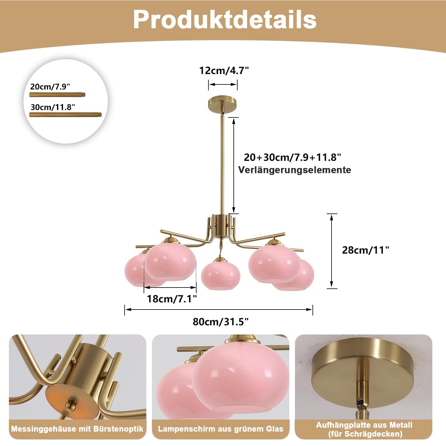KCO Lighting Modern Pink Kronleuchter Rosa Glas Pendelleuchte 5 Lichter Gold Große Globe Kronleuchter Mitte Jahrhundert Unterputz-Deckenleuchte Leuchte für Esszimmer Küche Insel Wohnzimmer