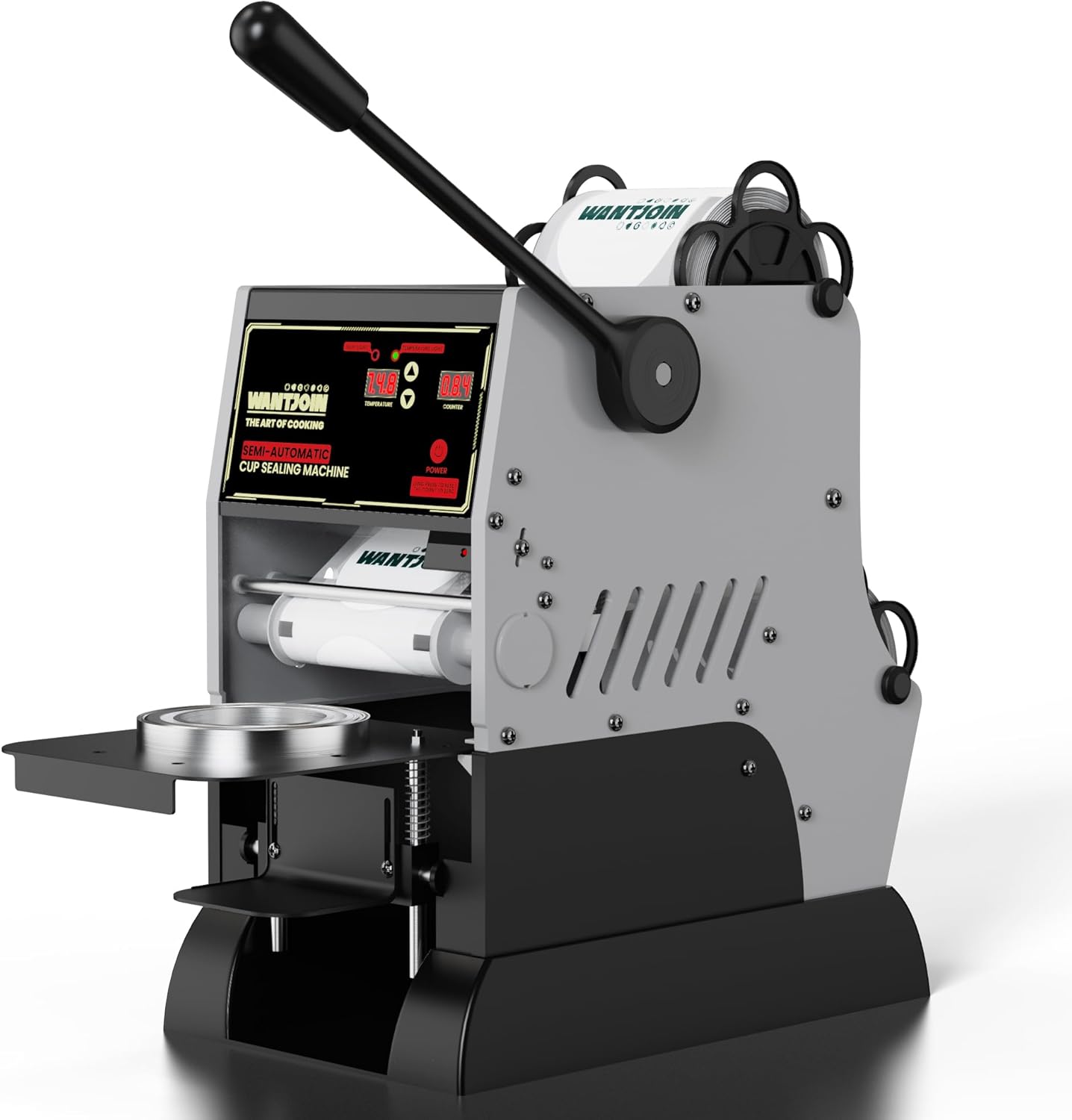 WantJoin Semi Automatic Cup Sealing Machine - 2S Sealing Auto Film Alignment Commercial Cup Sealer Machine 90/95mm LED Panel Temperature Control, Electric Cup Sealing Machine For PP PET Paper Cup