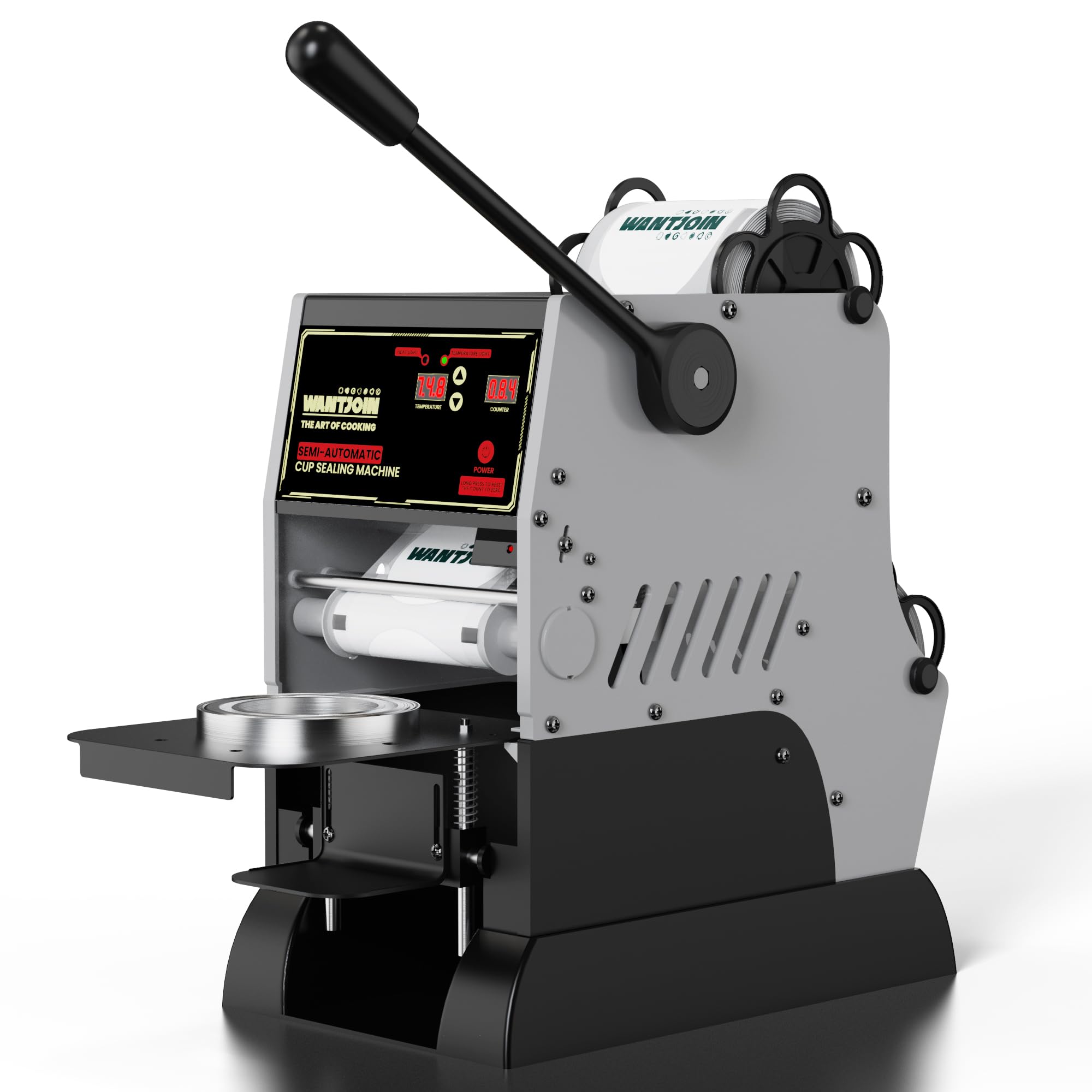 WantJoin Cup Sealing Machine, Commercial Boba Sealer Machine for Bubble Milk Tea Coffee 2S Sealing Auto Film Alignment 90/95mm LED Panel Temperature Control, Electric Semi Automatic Cup Sealer