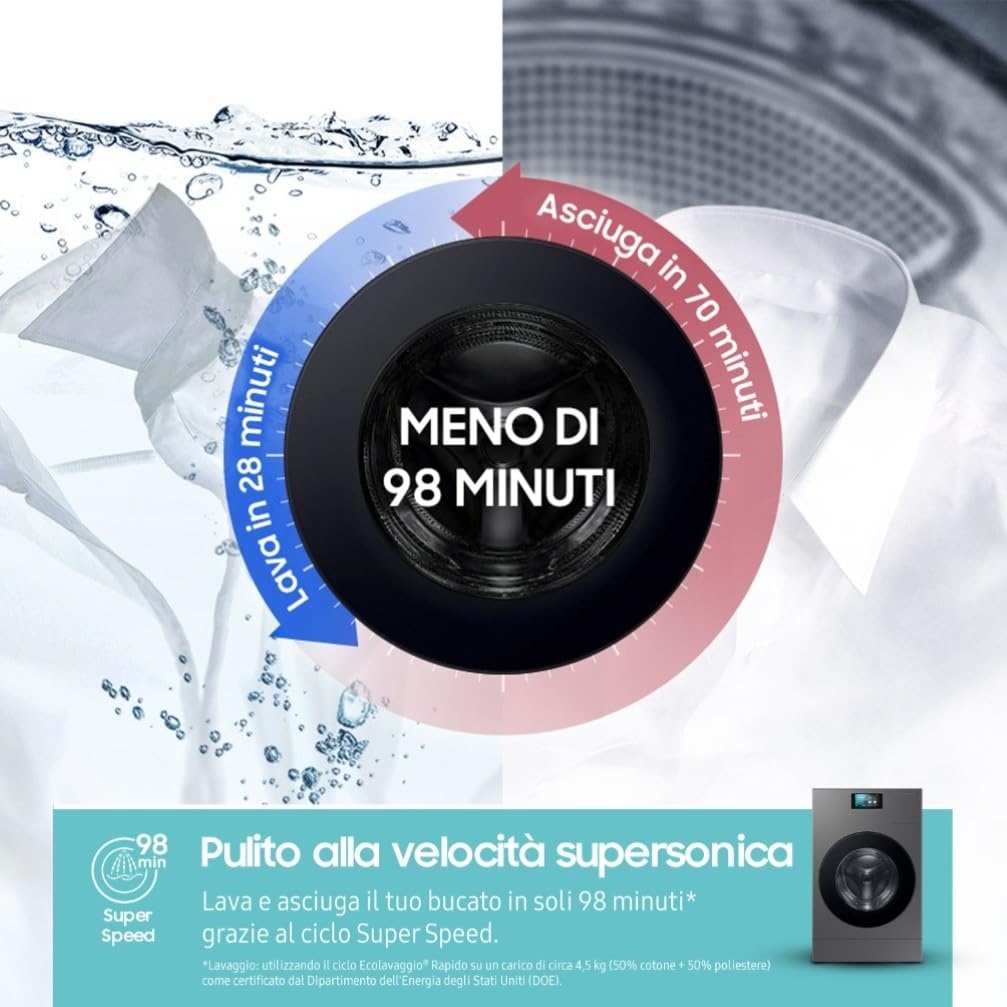 LAVASCIUGA SAMSUNG BESPOKE AI LAUNDRY COMBO WD18DB8995BZ 18 + 11 KG 1000 GIRI POMPA DI CALORE CARICO FRONTALE ECODOSATORE INVERTER (Ricondizionato)