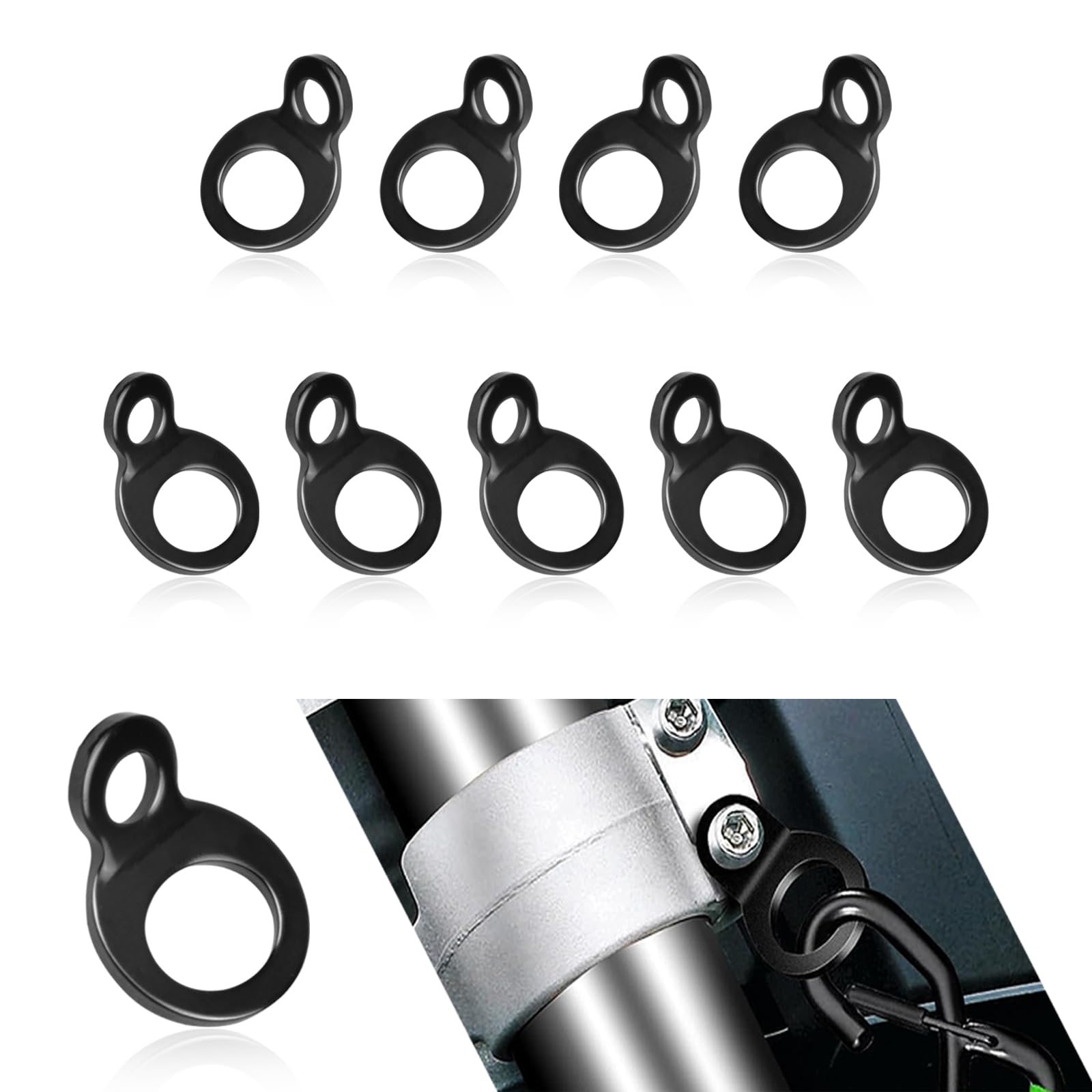 Pack-10 Car Tie Down Strap Rings, Stainless Steel Tie Downs Parts, Multi-Purpose O-Ring, Auto Garage Anchor Strapping Hooks, Universal for Most Cars, Trucks, Trailers (Black)