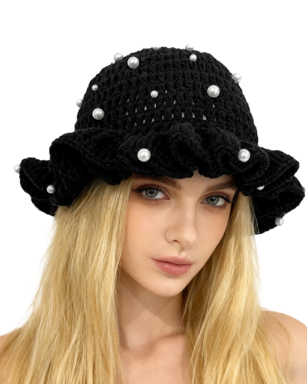Women Crochet Bucket Hat Cute Winter Ruffled Brim Floppy Cap Handmade Knit Cloche Hats