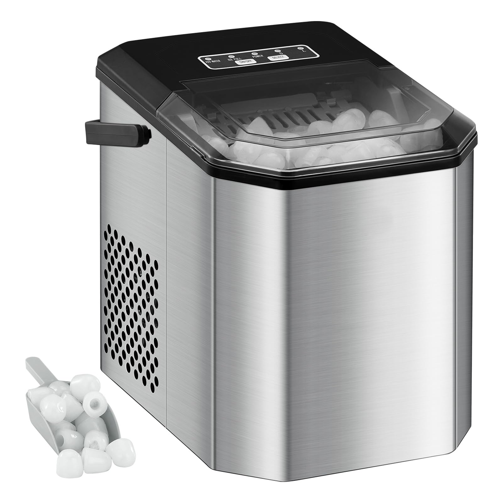 Kompakte Eiswürfelmaschine 120W – 9 Eiswürfel in 6 Min, 26 lbs/24h, Selbstreinigung, für Party, Büro, Bar, Wohnmobil, Eisschaufel & Korb, leise