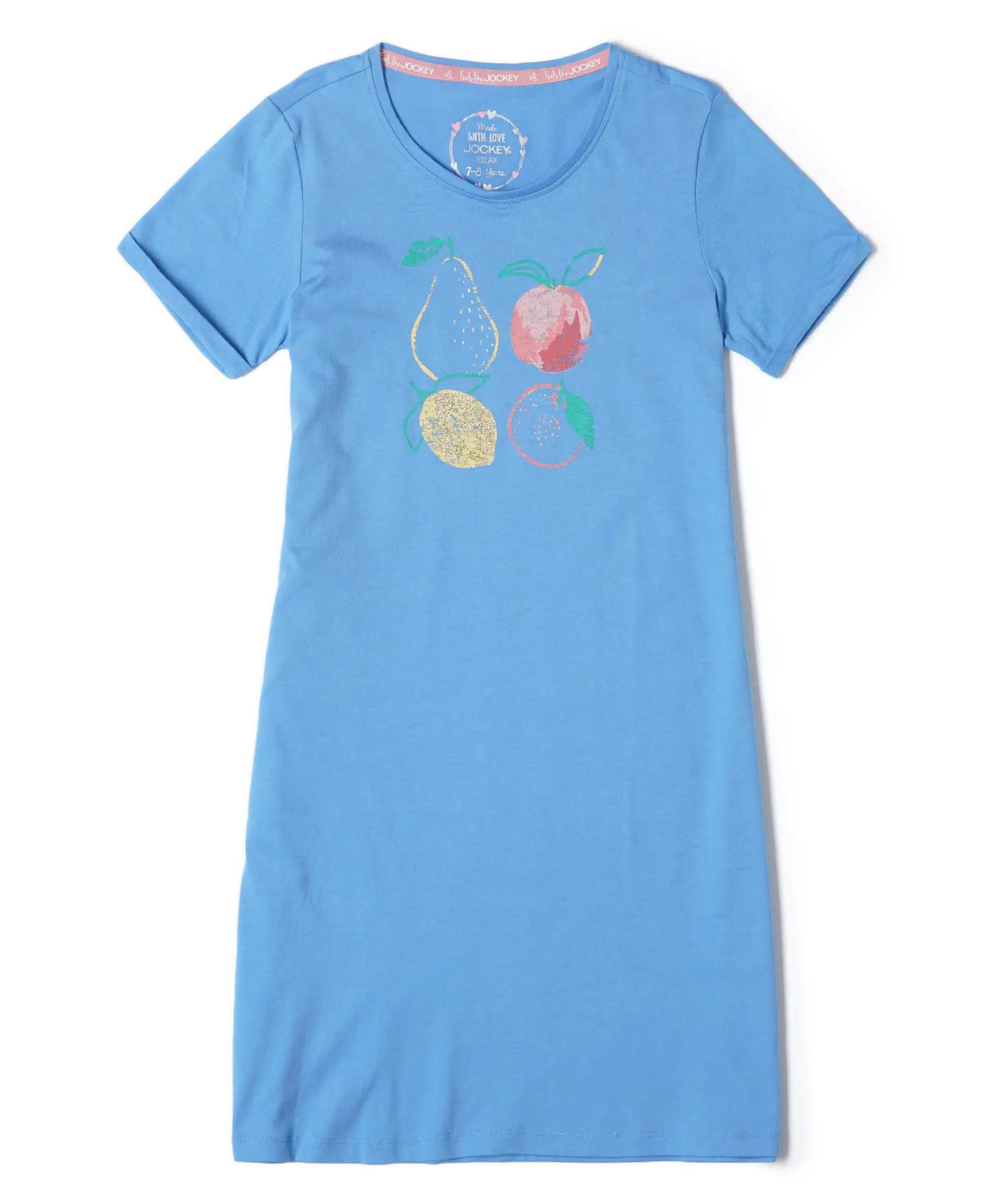 Jockey RG09 Girl's Super Combed Cotton Graphic Printed Relaxed Fit Short Sleeve Sleep Dress with Side Pockets (Prints May Vary)_Marina_3-4 Yrs