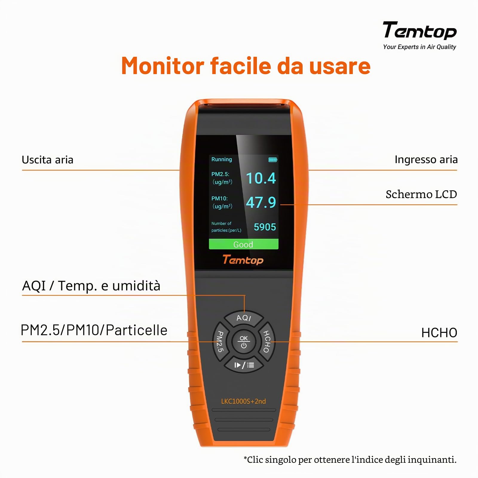 Temtop Misuratore di Qualità dell'aria Rilevatore Formaldeide Semi-Professionale : HCHO PM2.5PM10 TVOC AQI Temperatura e Umidità con Esportazione Dati per Interni Esterni, LKC-1000S+2ND