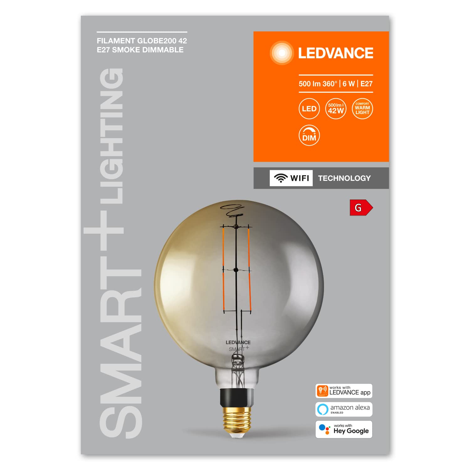 LEDVANCE Bombilla LED inteligente con tecnología Wifi, casquillo E27, regulable, blanco cálido (2500K), forma de globo grande, filamento transparente en cristal ahumado, paquete de 4