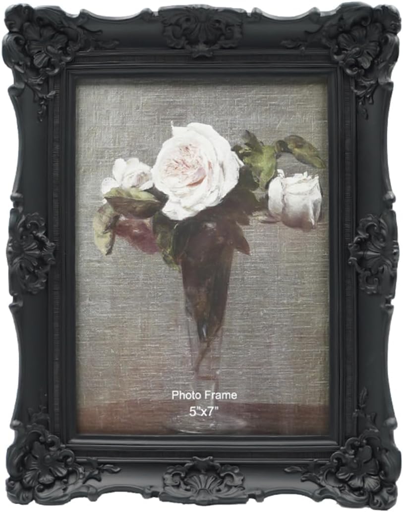 Antique Ornate Black Photo Frame 5x7 for Table Top and Wall Display, Decorative Floral Design Vintage Picture Frame Retro Home Decor