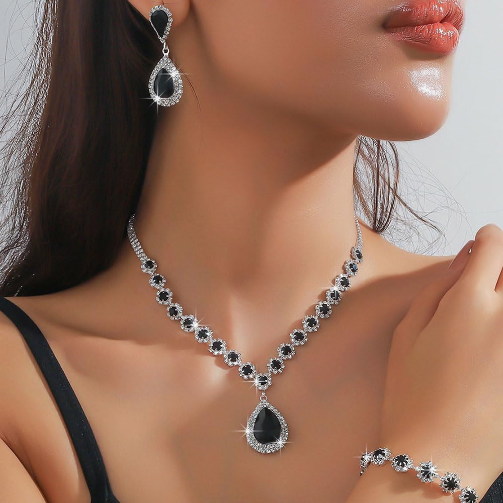 Missgrace Women Crystal Silver Black Necklace Earrings Set Crystal Bracelet Teardrop Dangle Earrings Rhinestone Necklace Bracelet Set for Bride Bridesmaid - Image 3
