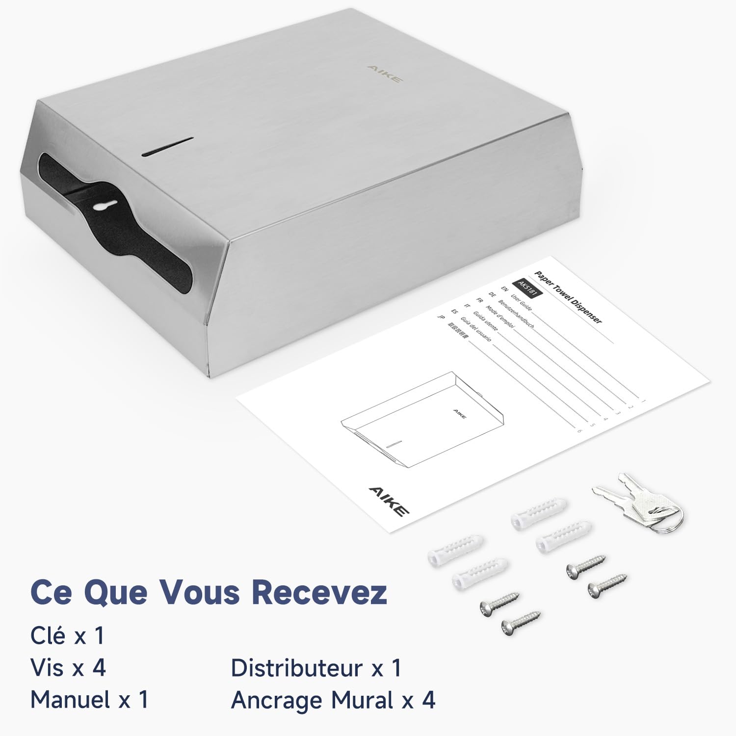 AIKE Distributeur d'essuie-Mains 400 Feuilles en Acier Inoxydable avec Serrure AK5181 (H2 & Z-Fold Papier plié 27 x 10 cm ou Plus Petit)