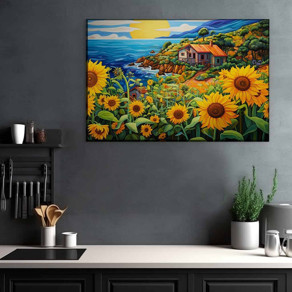 Canvas for Living Room. Seaside Serenity: A Vivid Portrait of Coastal Charm and Blooming Sunflowers, 27 x 18 inch Canvas Wall Art - Contemporary Masterpieces - Botanical Home Decor
