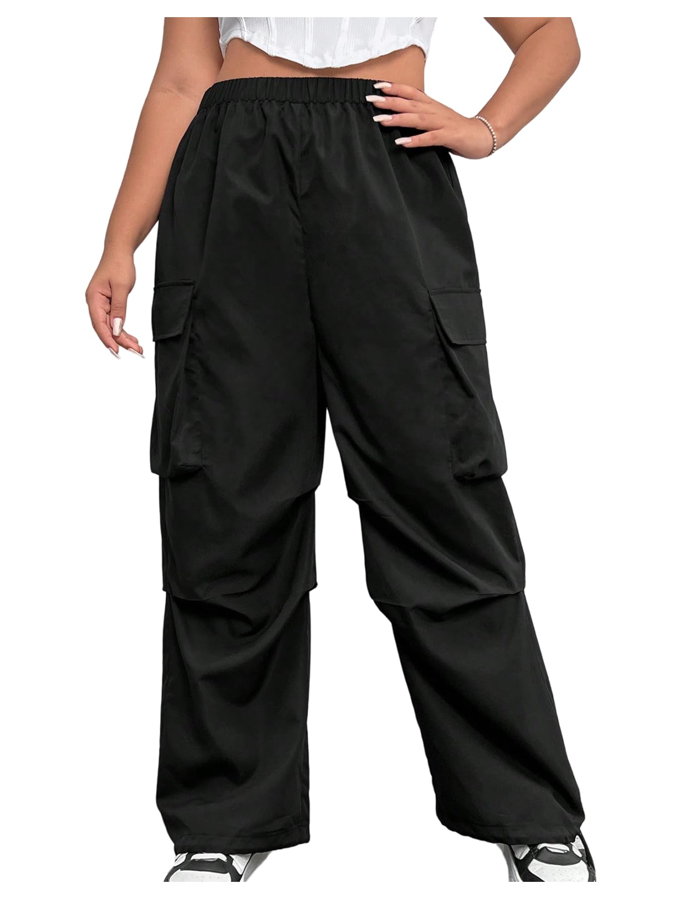GORGLITTER Womens Plus Size Cargo Pants Baggy High Waist Casual Parachute Pants Pocket Loose Trousers Bottoms Dressy