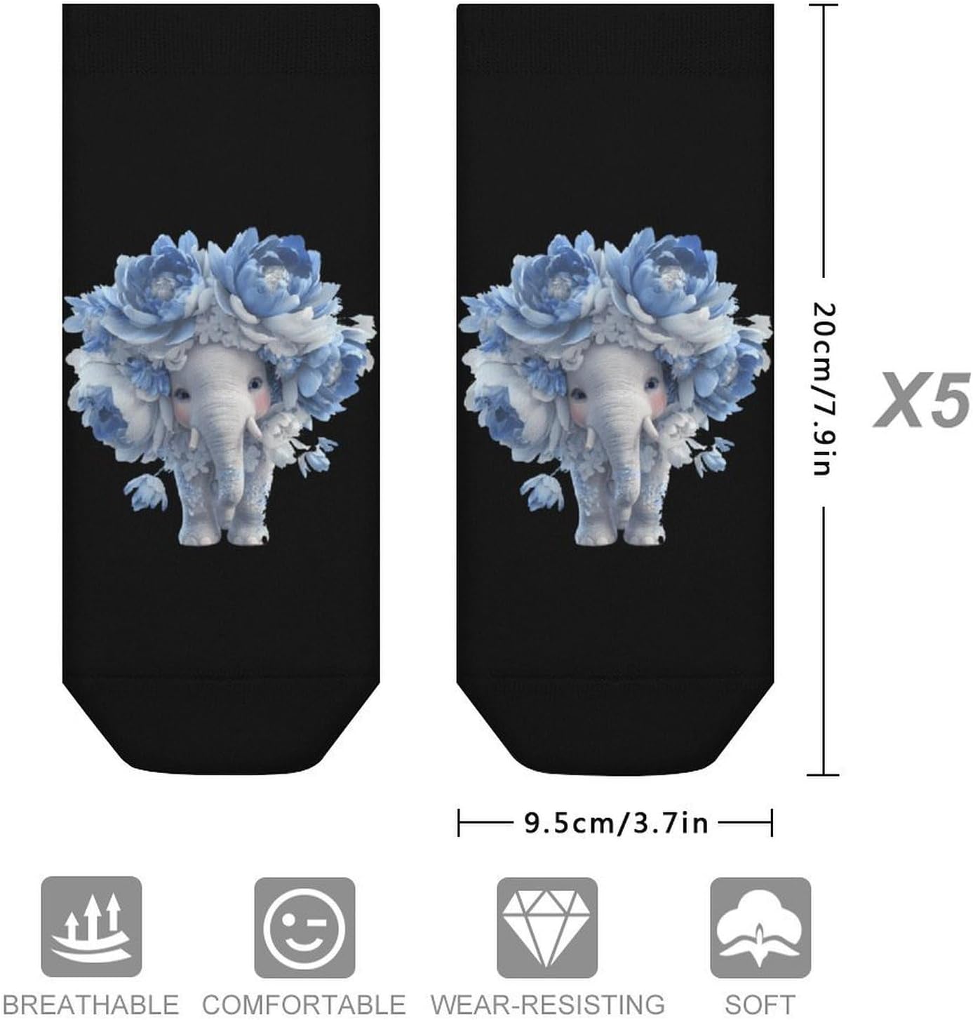 Flower Elephant Socks for Men Women 5 Pairs Ankle Socks