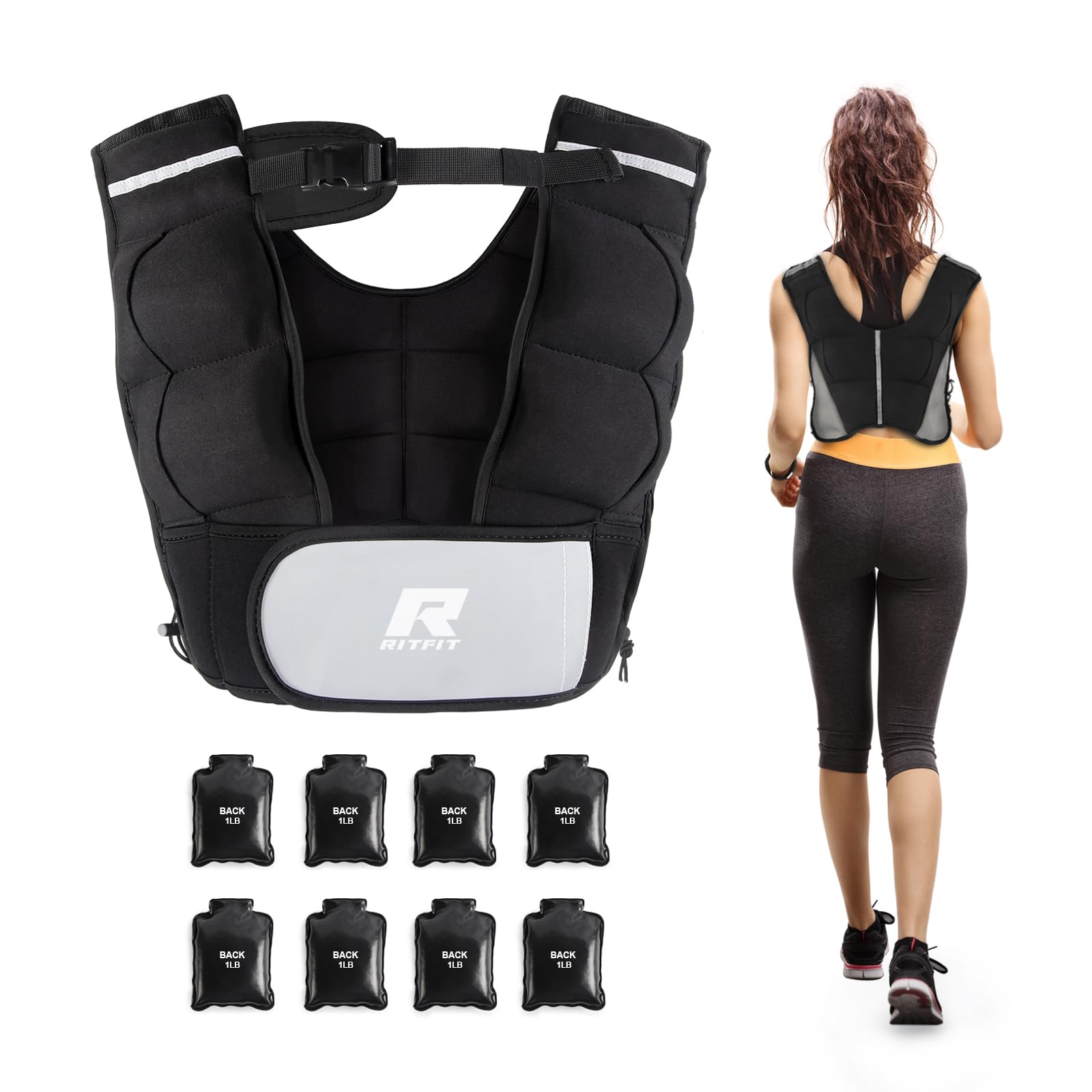 RitFit Weighted Vest 4lb 8lb 10lb 12lb 15lb 20lb Weight Vest with Reflective Stripes Weight Vest Adjustable for