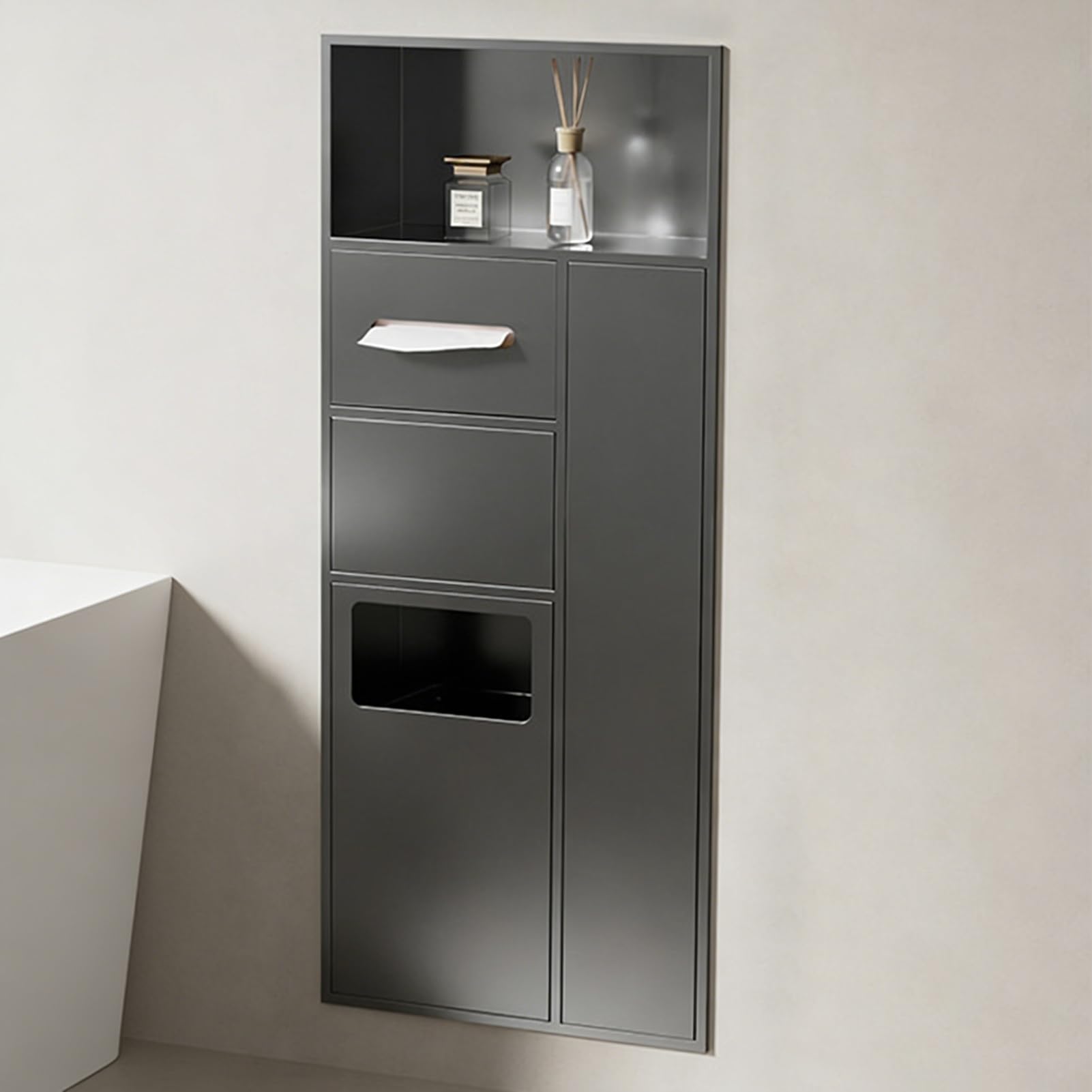 TIANQIHAO Lar Shower Wall - Built-In Sto For Toilet Paper, Open & Private Shelf, Trash Can & Brush Holder - Gray Shower For Modern Bathrooms,Gris