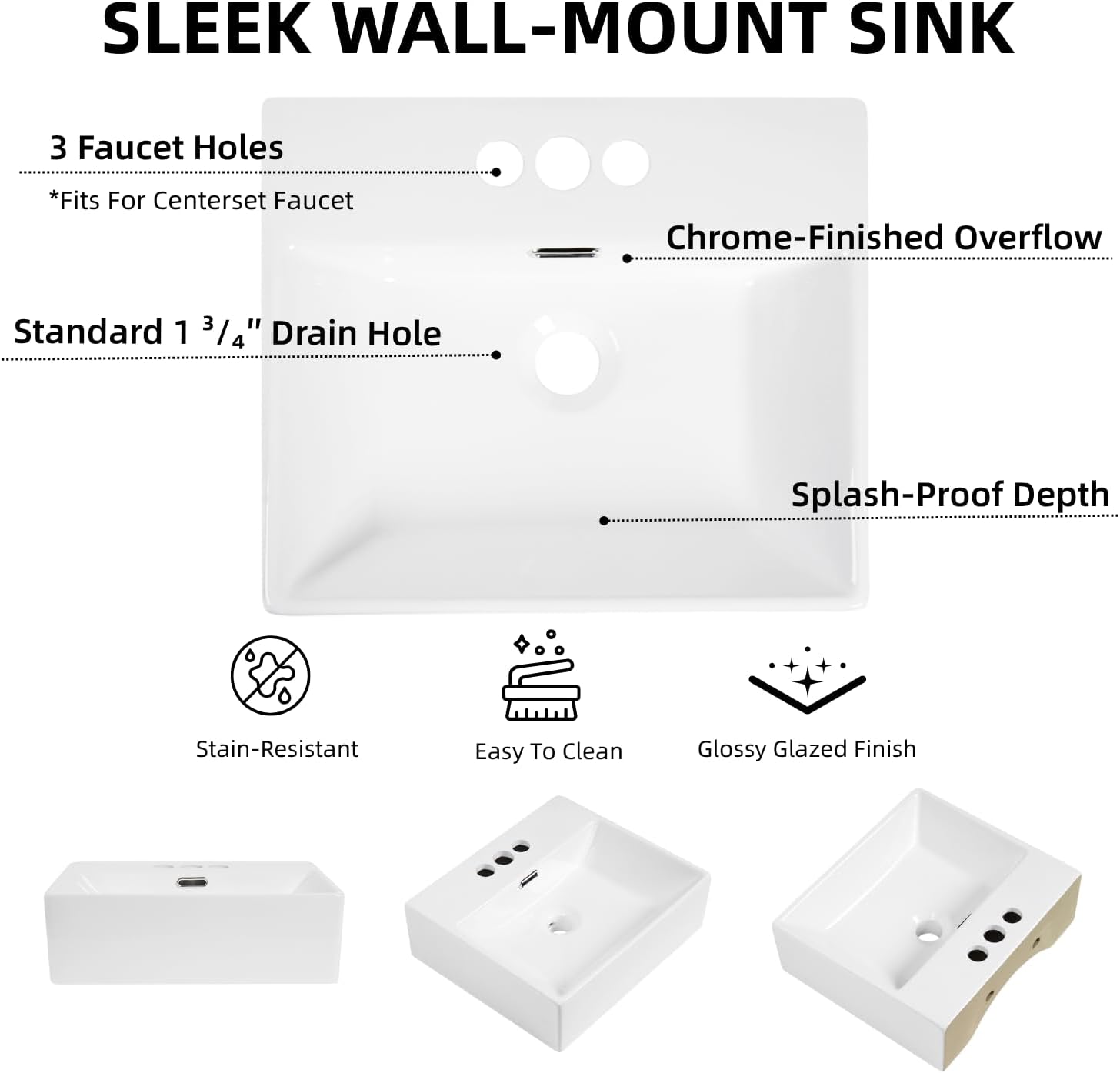 16"W x 14"D Wall Mounted Bathroom Sink With 3 Pre-drilled 4-Inch Faucet Holes, Los Flexi 16 Inch White Rectangular Ceramic Vessel Sink With Overflow, Compact Wall Hung Sinks for Small Bathrooms