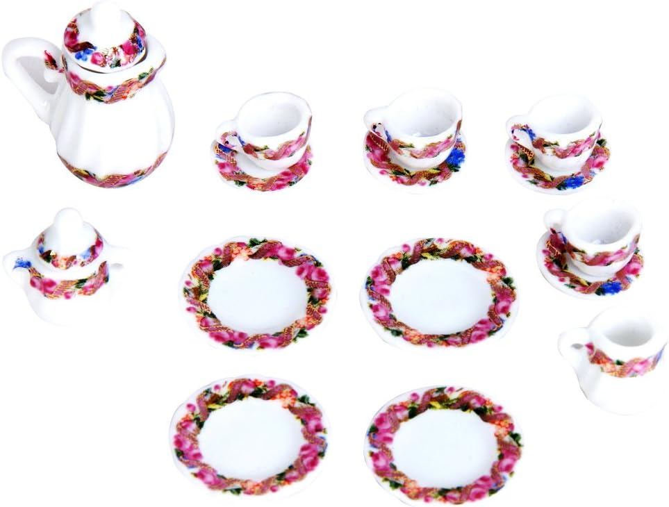 KINGQ 15pcs Doll House Miniature Porcelain Tea Set Dish,Cup,Plate Colorful Floral Print
