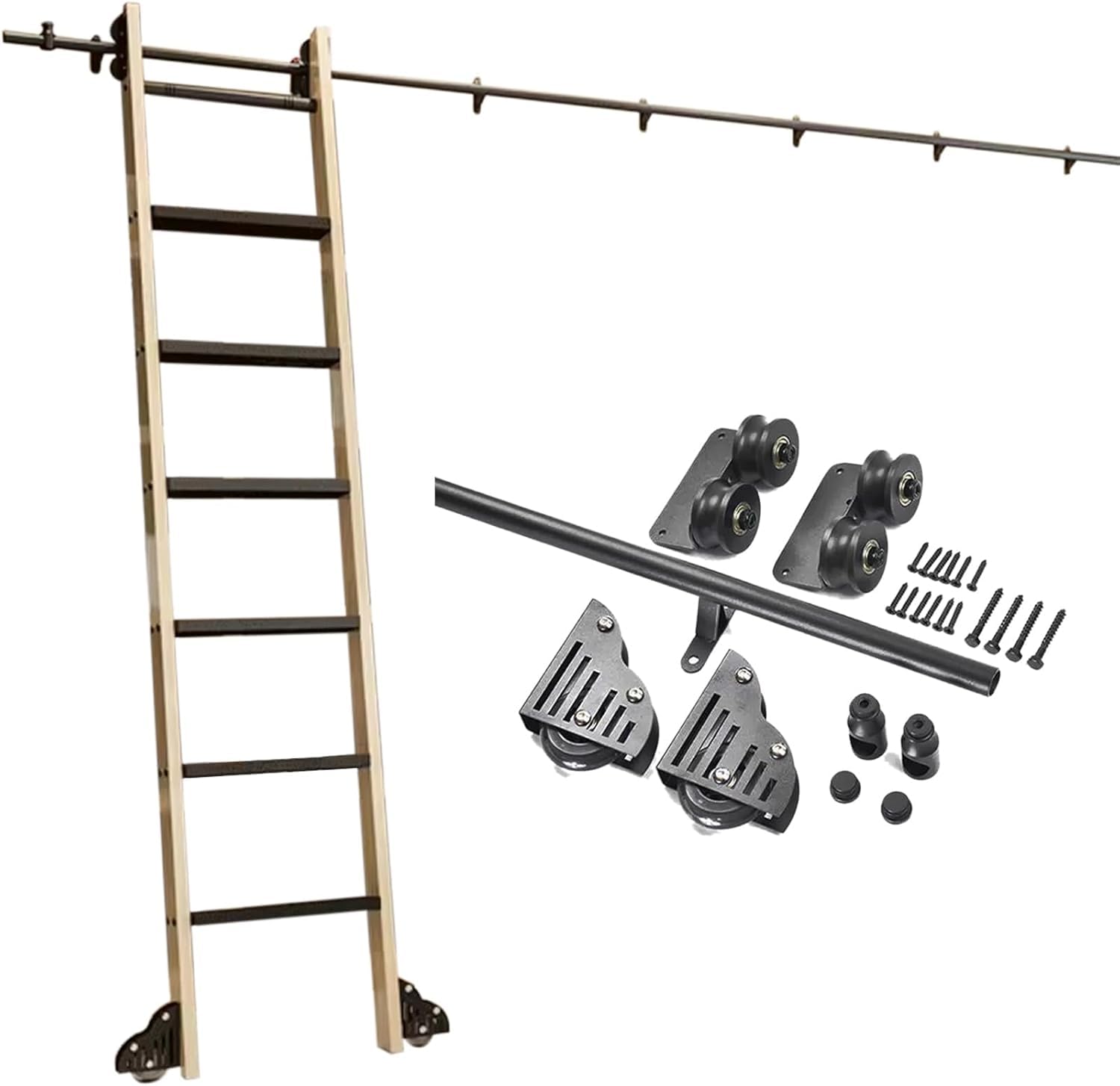 Kit de quincaillerie pour échelle coulissante, Rail de roulement de 1,0 à 7,3 m avec roulettes au Sol et Accessoires d'extension pour Maison/Bureau/bibliothèque/Cave à VI