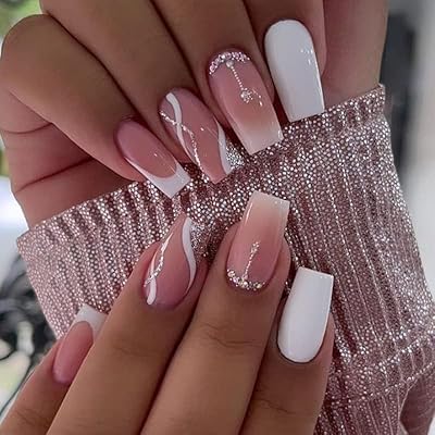 FRUJCDKI Rhinestone French Square Press on Nails Long Fake Nails French Acrylic Full Cover False Nails for Women and Girls24PCS