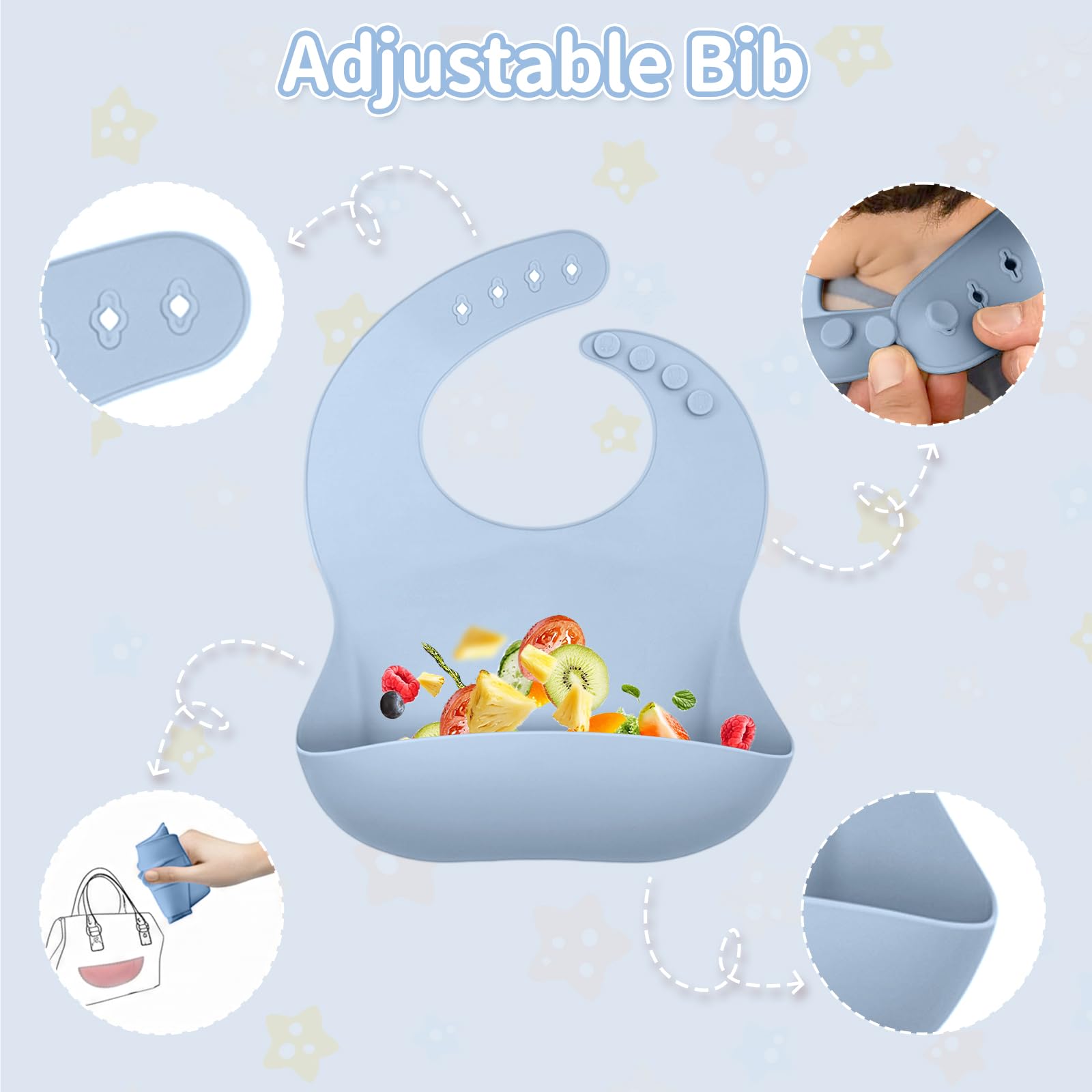 Cofanetto Pasto Bebè 5 Pezzi, Stoviglie in Silicone Antiscivolo con Ventosa: Piatto a 3 Scomparti, Ciotola, Bavaglino, Cucchiaio e Forchetta – Senza BPA per Neonati e Bambini (blu)