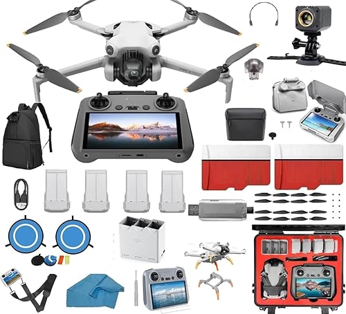 DJI Mini 4 Pro Drone Mega 4 Kit de batería con cámara, con DJI RC2, luz de búsqueda y rescate, con 2 tarjetas SD de 128 GB, funda rígida