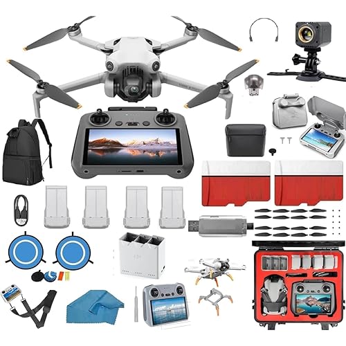 DJI Mini 4 Pro Drone Mega 4 Battery Bundle Kit Drone with Camera, with DJI RC2, Search and rescue Light, with 2 SD Cards 128 GB, Waterproof HardCase , 3.0 USB Card Reader, Landing Pad, Backpack, Remote protector Sun Hood and More
