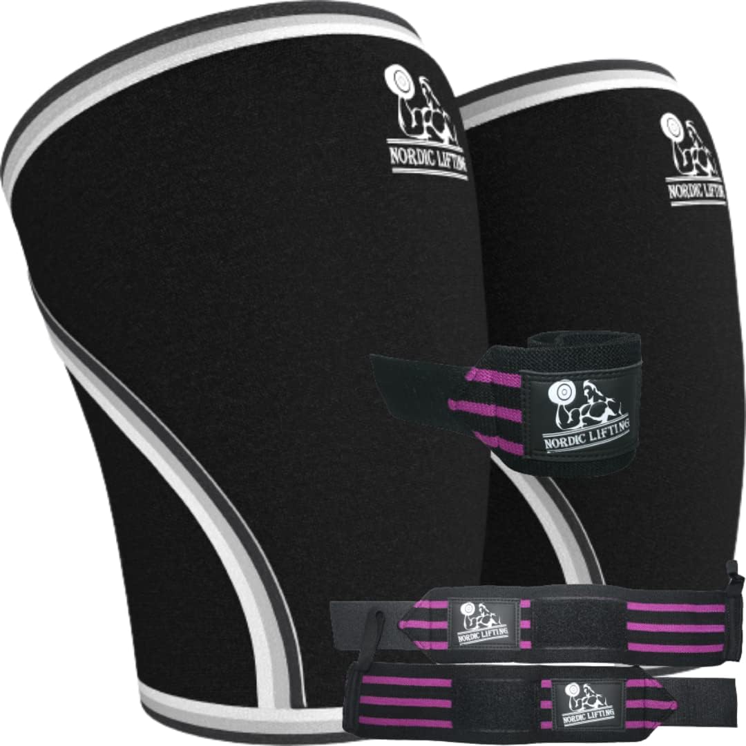 Nordic Lifting Knee Sleeves Small - Black Bundle with Wrist Wraps 1p - Purple