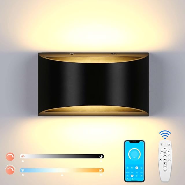 Glighone LED Wall Lights Indoor, Up Down Wall Light Dimmable and Brightness Adjustable Wall Sconce Lamp with Remote, APP, Voice Control Timer Night Light for Bedroom Living Room Stairs, 10W Black