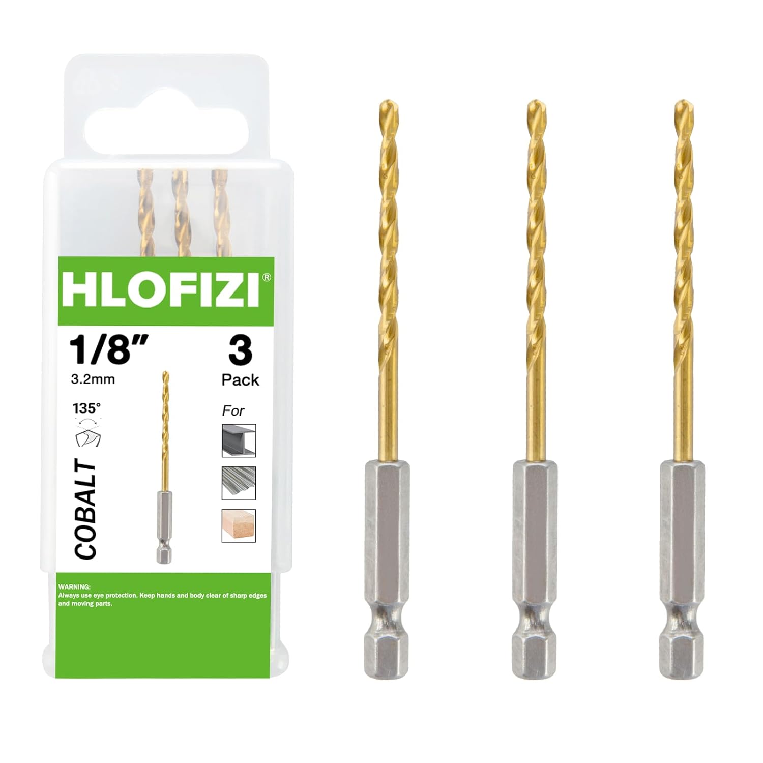 1/8" Cobalt Drill Bit with Hex Shank (3 Pack), Impact Titanium Twist Drill Bits for Metal, Stainless Steel, Cast Iron and Wood