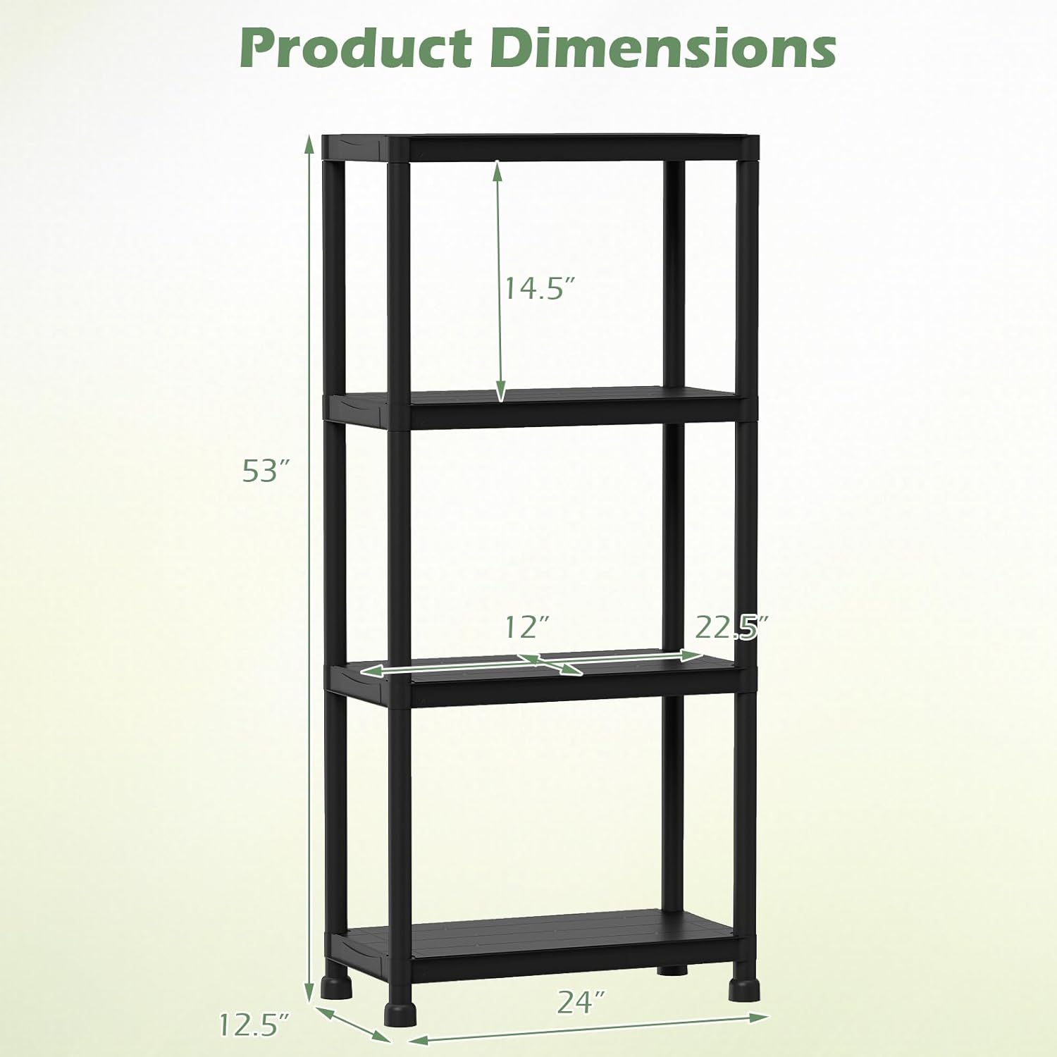 Giantex 4-Tier Heavy-Duty Plastic Storage Shelves, Freestanding Garage Shelving Unit, Multi-Use Organizer Rack for Pantry, Kitchen, Laundry, No-Tool Assembly, Black (1,24" x 12.5" x 53")