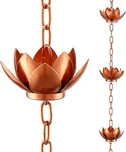 OAK LEAF Rain Chain Set, 8.5ft Copper Plated Rain Chain for Gutters with Adapter, Lotus Rain Chain Cups to Replace Gutter Downspout, Divert Water and Home Display, 12 Cups, Adjustable, Rose Gold