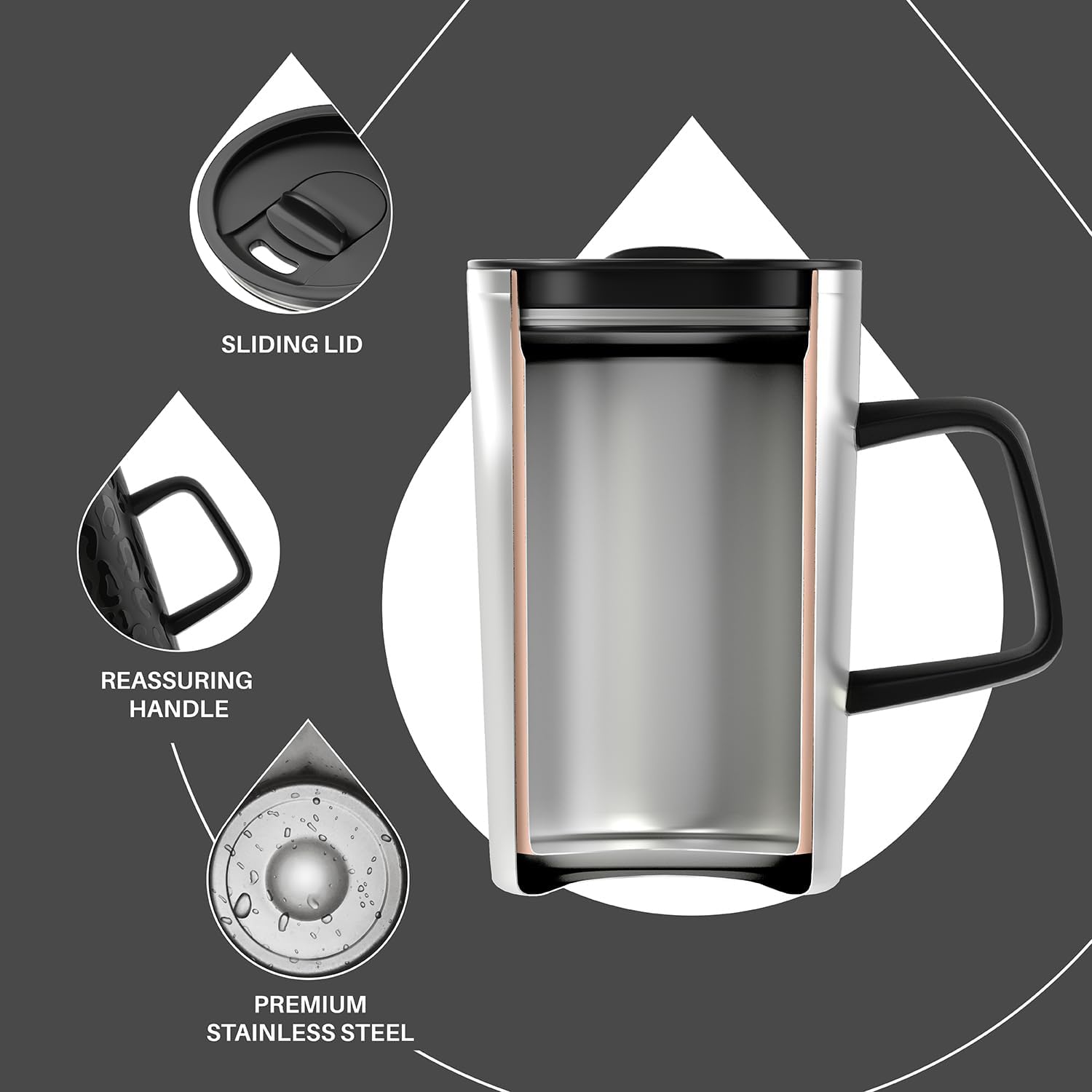 Ideus Vacuum Insulated Coffee Mug, 16oz Reusable Stainless Steel Thermal Double Walled cup with Handle and Slider Lid for Hot & Cold Beverages, BPA Free (Leapord Black) - Image 3