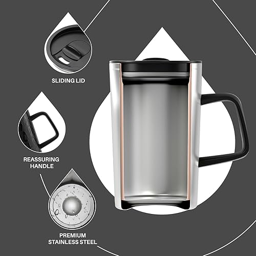 Miniatura 3 de Ideus Taza de café aislada al vacío, reutilizable, de acero inoxidable, de doble pared, de 16 onzas, con asa y tapa deslizante para bebidas