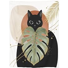 Fleece Throw Blanket for Couch, Black Cat Monstera Leaf Soft Fuzzy Cozy Blankets Warm Lightweight Flannel Throws for Bed, Sofa, Travel, All Seasons 80"x60"