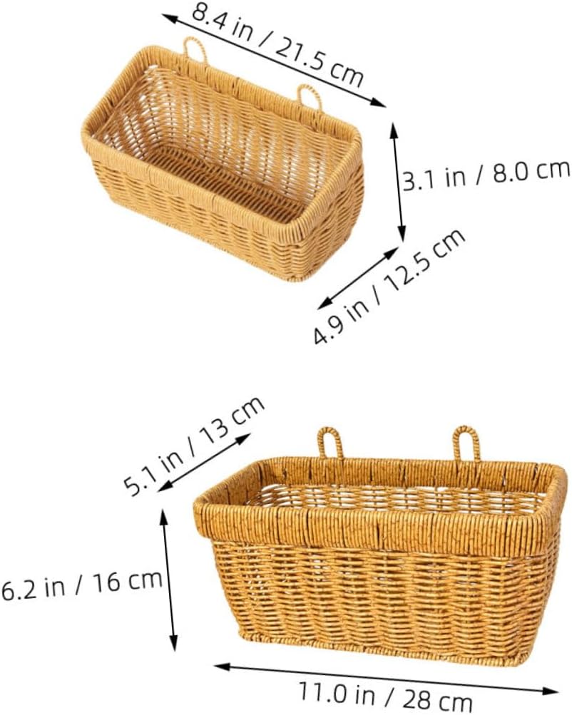 Garneck 2pcs Kitchen Hanging Woven Basket Set, Plastic Rattan Storage Bins for Garlic, Ginger, Fruits, and Eggs, Wall Mounted Kitchen Organizer for Vegetable and Produce Storage