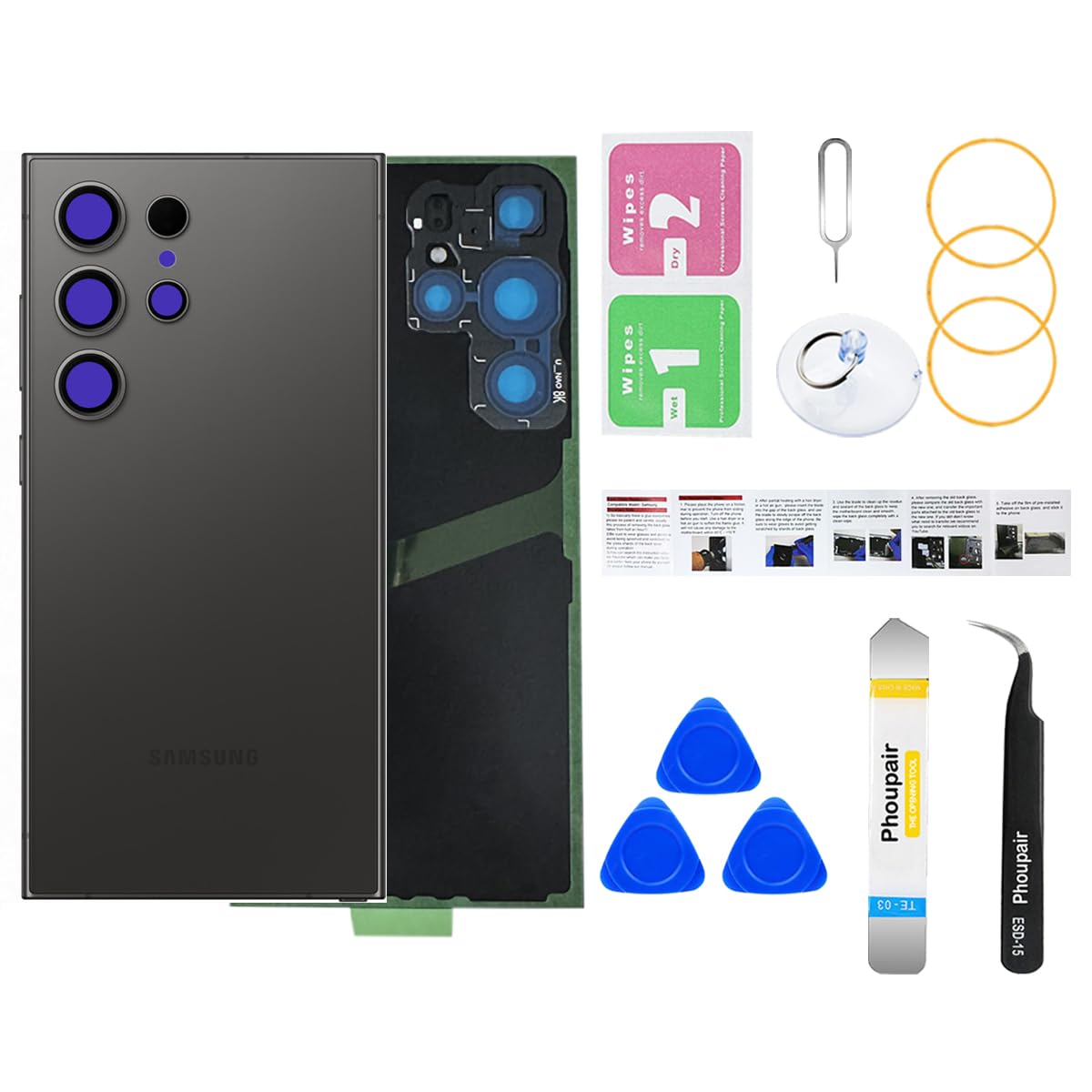 Phoupair Back Glass Replacement for Samsung Galaxy S24 Ultra with Professional Repair Tool Kit (Titanium Black)