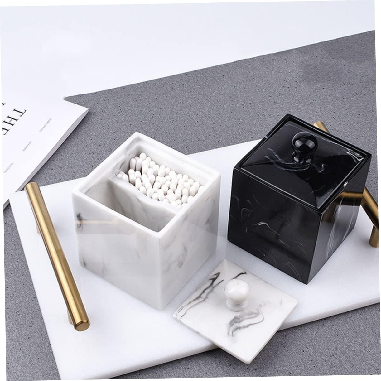 2pcs Double Grids Resin Marble Grain Pattern Cotton Swab Storage Box Makeup Cotton Holder Lid for Home