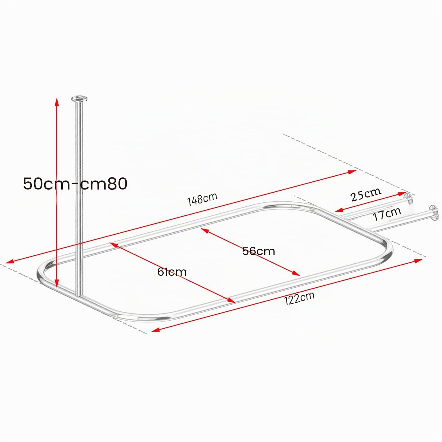 Anneau de rideau de douche en alliage d'aluminium ovale forme carrée pour salle de bain 148 cm x 61 cm pour baignoires à pieds libres (Argent)