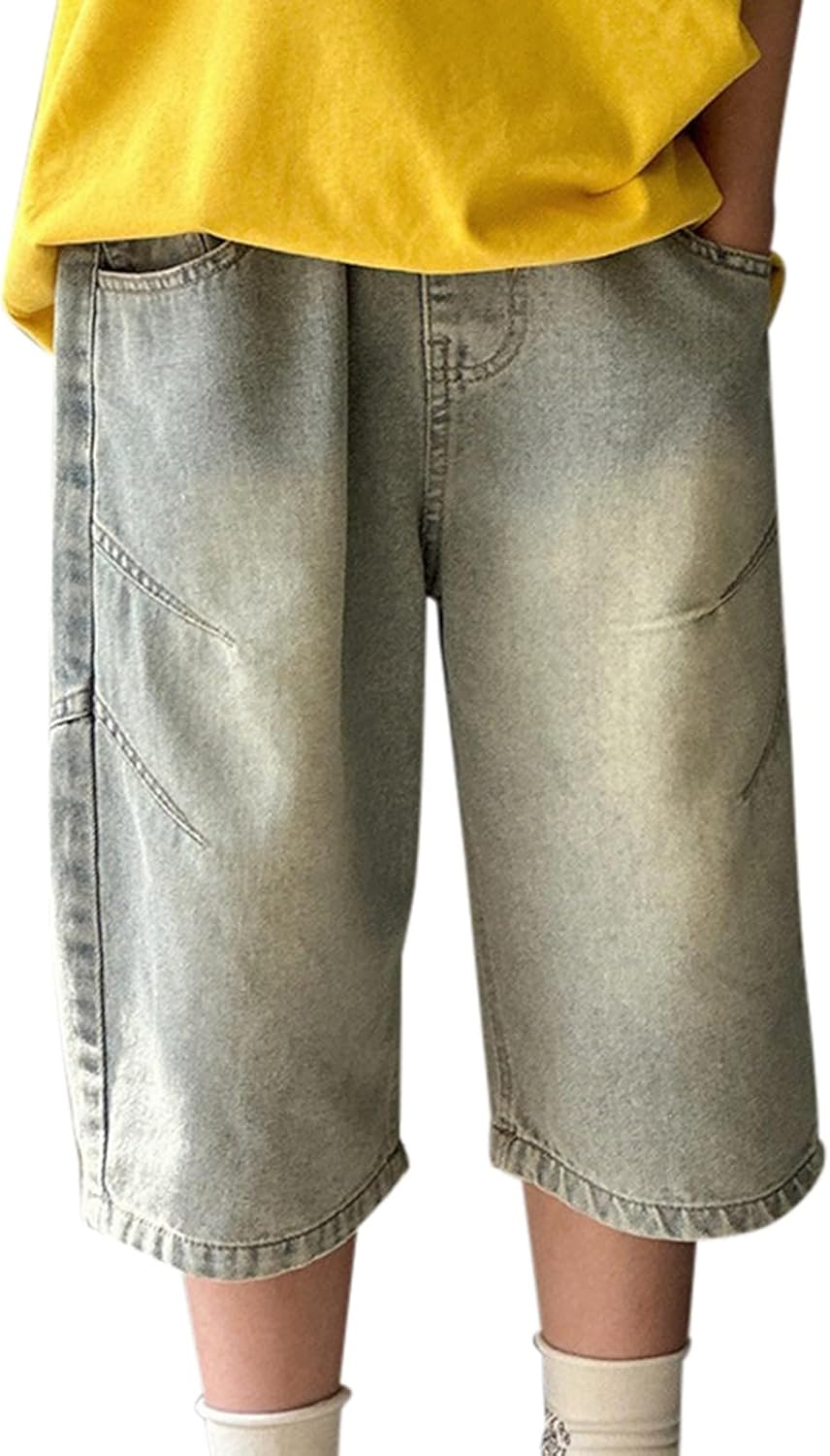 Cropped Jeans for Boys Girls High Waist Straight Leg Baggy Jorts Y2K Kids Bermuda Denim Capris Pants Grunge Summer Clothes
