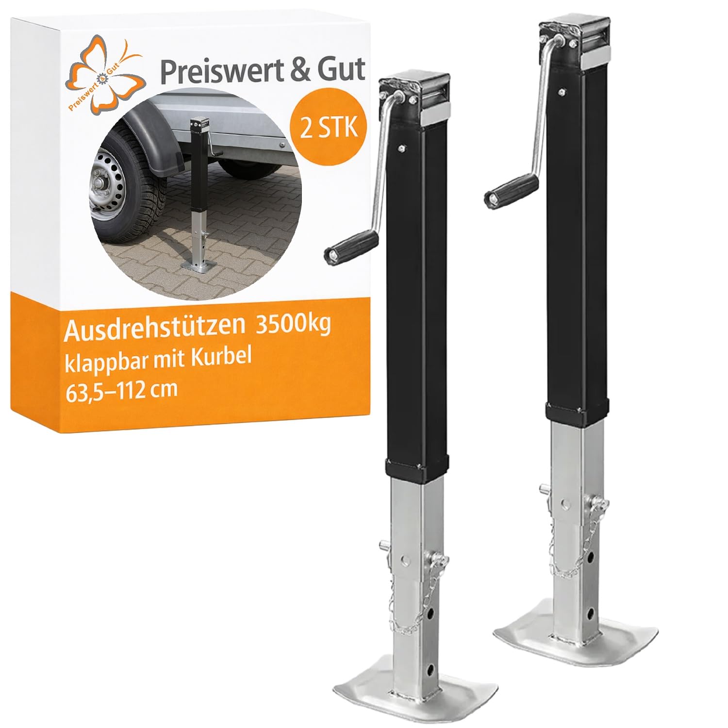 Preiswert&Gut 2x Anhängerstützen 63,5-112 cm bis 3500kg – Ausdrehstütze verzinkt mit Handkurbel, inkl. Sicherungsbolzen – Kurbelstütze Wohnmobil & Wohnwagenstützen Anhänger Stützen auch fürs Wohnmobil