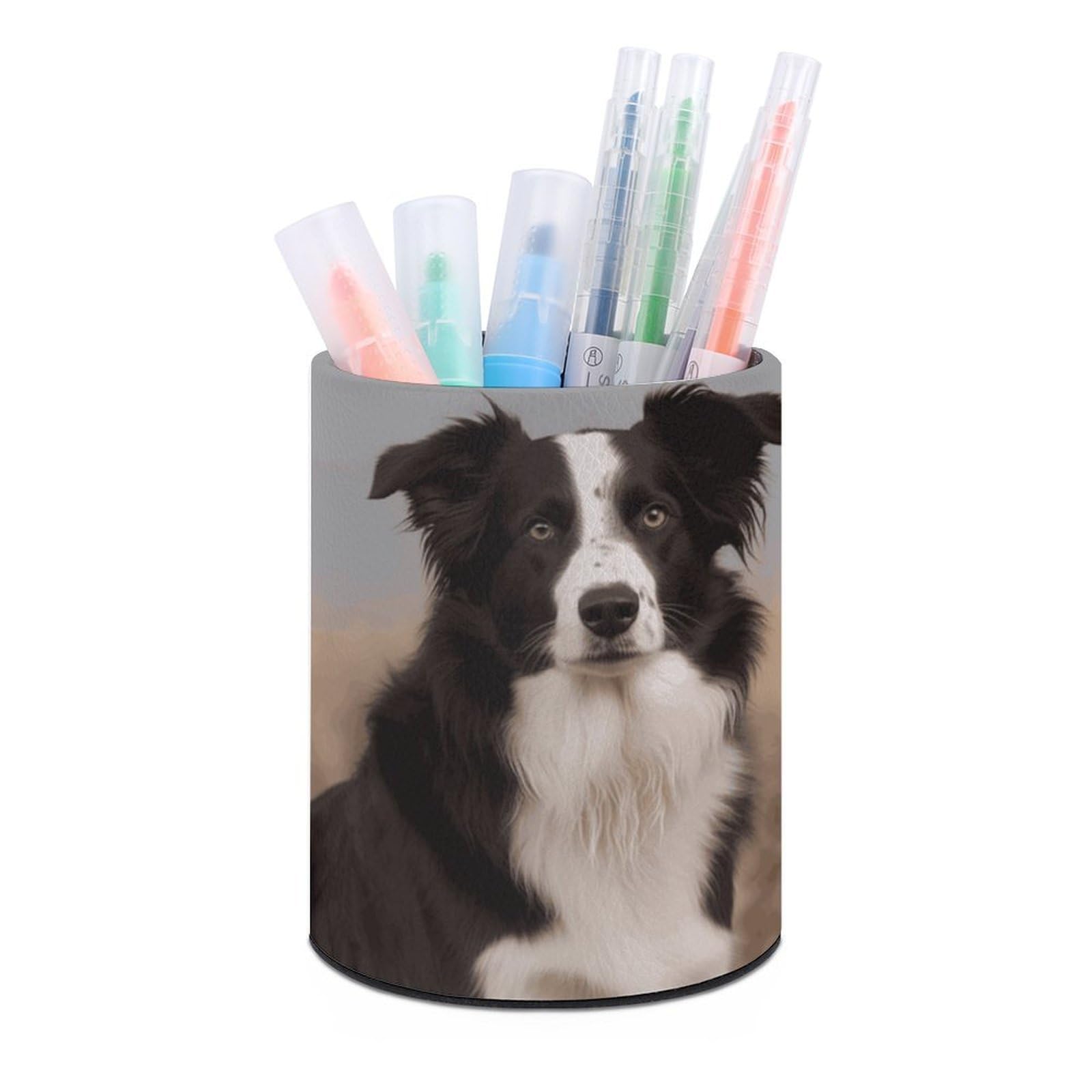 VstaDank Border Collie Pen Holder PU Leather Pencil Cup Minimalist Desk Pencil Holder Round Make Up Brush Organizers For Office Dorm Room&Vanity Desk Accessories