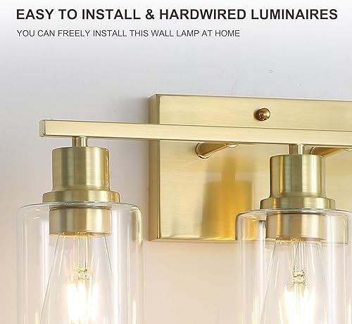 Miniatura 5 de Lámparas de pared modernas de 3 luces doradas para tocador de baño, luces de pared de latón cepillado con pantallas de vidrio transparente,