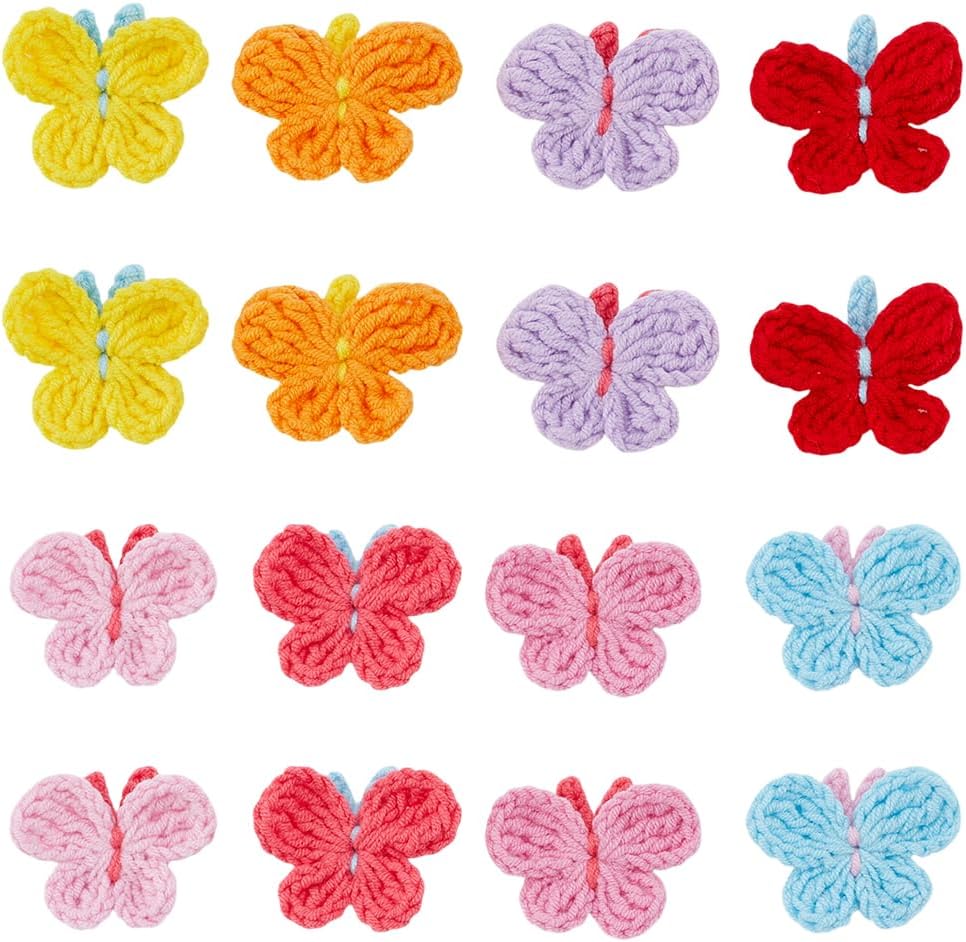 FREEBLOSS 16Pcs Crochet Butterfly Applique Handmade Crocheted Butterfly Embellishments Colorful Sew On Patches Crochet Knitted Handmade Applique for Clothes, Bags Arts Crafts DIY Decor 1.57''